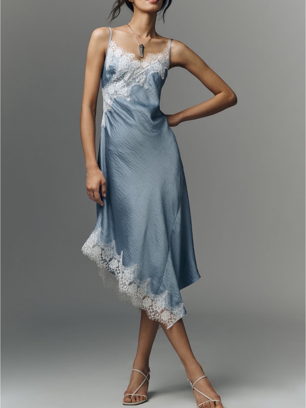 Anthropologie Asymmetric Sleeveless Lace
Slip Dress in dusty blue